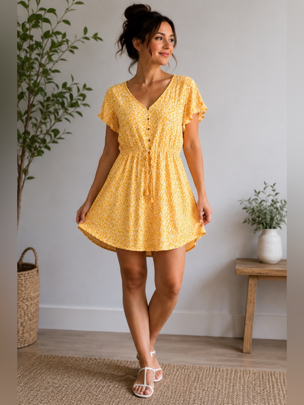 Yellow Floral Flutter Sleeve Summer Dress – Size 8